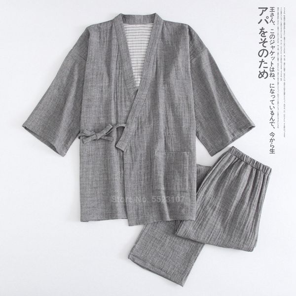 

traditional japanese kimono for men pajamas set solid color pure cotton samurai sleepwear set bathing yukata nightwear q1216, Black;white