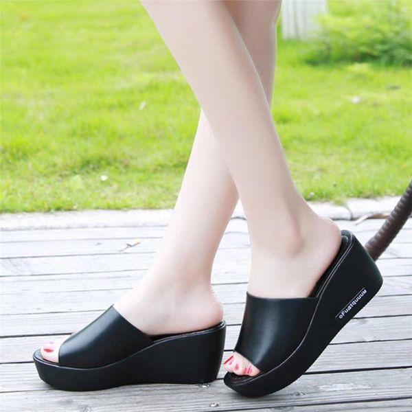 

fish mouth waterproof platform wedge sandals women fish mouth platform high heels sandals slope slippers slip-on shoes #, Black
