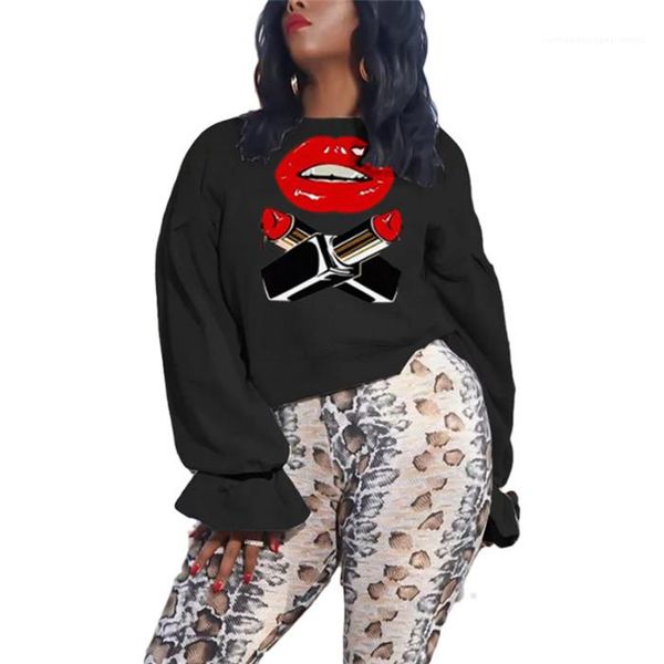 

hoodies ruffle sleeve o neck loose clothing autumn casual pullover women sweatshirts lipstick pattern womens, Black