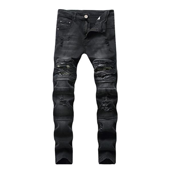 

black slim stretch small straight motorcycle men jeans high street broken knee washed trousers, Blue