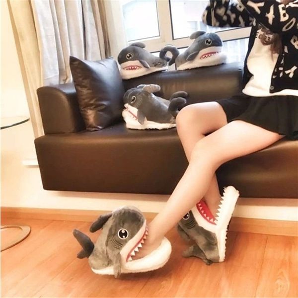 

2017 winter and men fashion shark slipper cotton warm indoor lovely cartoon women slippers no.114 y200424, Black
