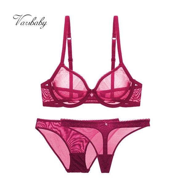 

varsbaby mesh lace underwear transparent unlined 1 bra+2 panties bra set plus size 32-42cde c1212, Black;white