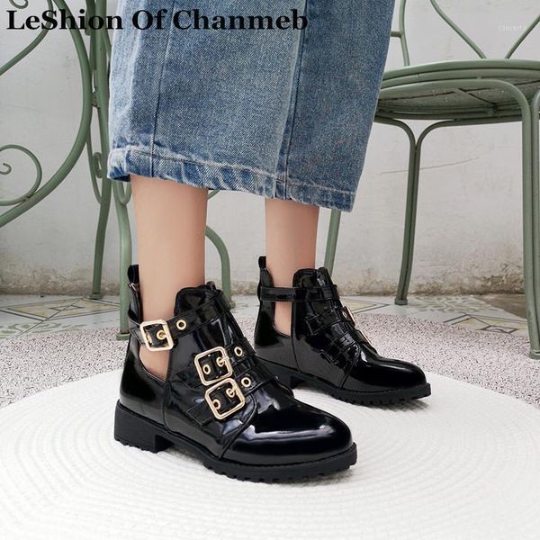 

punk rock shoes patent pu leather ankle boots for women woman buckled low heels punk boots round toe cut out motorcycle1, Black