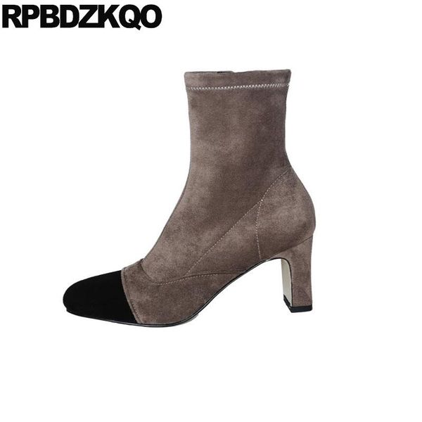 

square toe chunky high heel fall ankle suede designer shoes women luxury 2020 genuine leather pink ladies real boots fur booties, Black