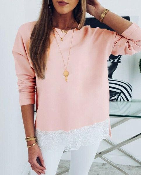 

ladies long sleeve shirts ladies casual solid lace round neck long sleeve patchwork shirts blouse women fashion, White