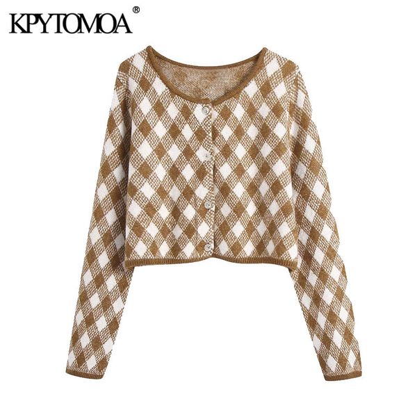 

kpytomoa women 2020 fashion argyle cropped knitted cardigan sweater vintage long sleeve button-up female outerwear chic c1120, White;black