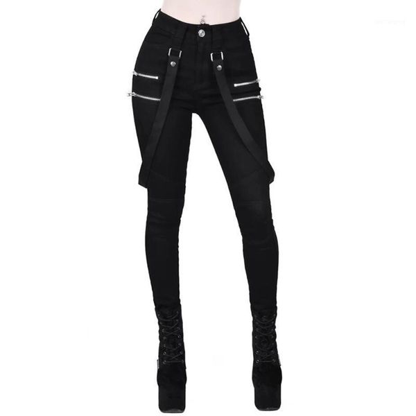 

high waist pants women black skinny trousers belt streetwear woman long pants vintage pencil punk gothic trousers joggers1, Black;white