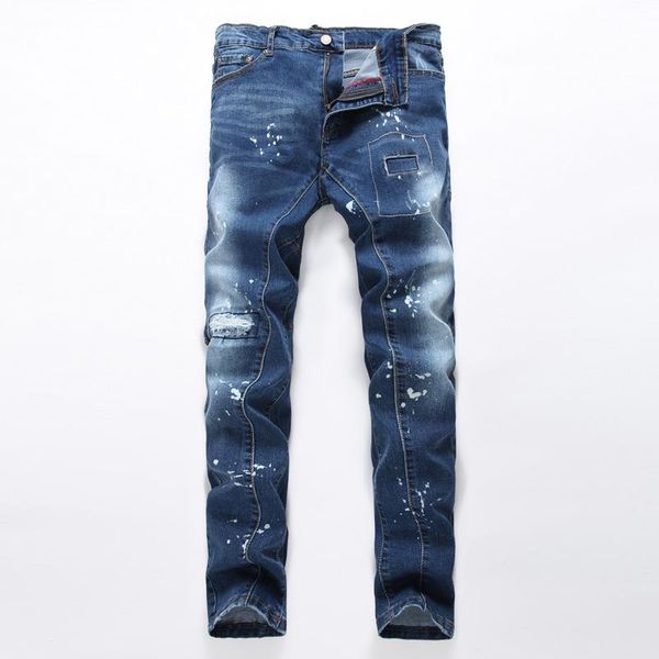 

fashion youth and trendy brand europe america hole male men's jeans stretch slim patch splash ink pockets decorated trousers men, Blue