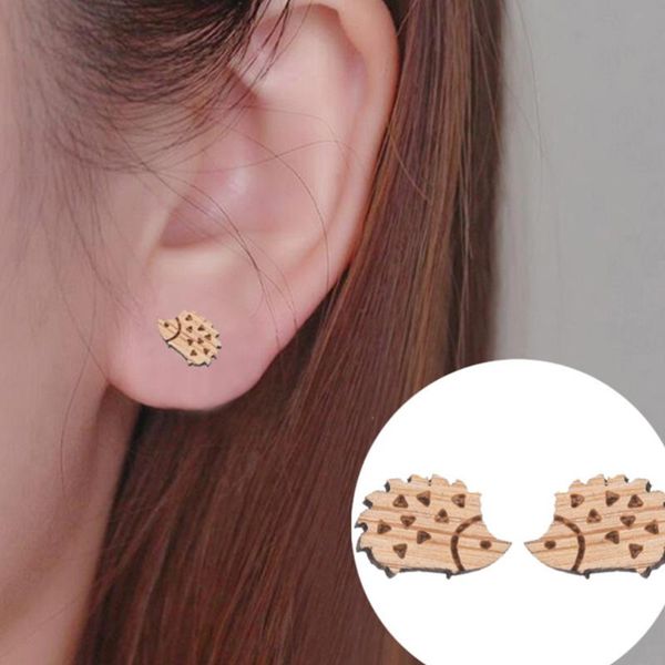 

1 pair of fashionable wooden stud fresh hedgehogs wood stud earrings for, Golden;silver