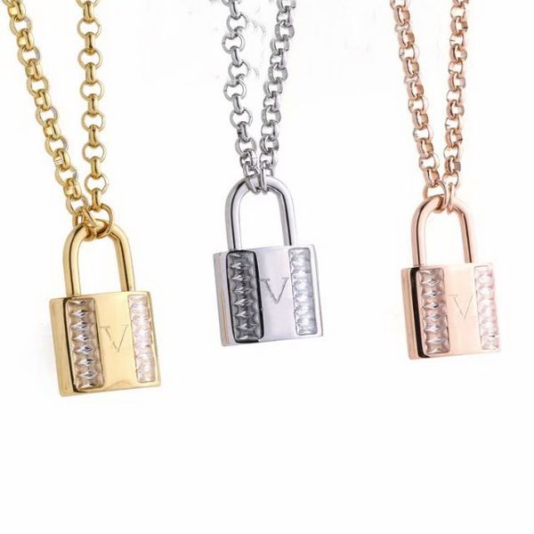 

europe america fashion women lady titanium steel thick chain necklace with engraved v initials double row diamond lock charm, Silver