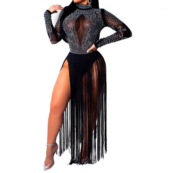 

2019 women long sleeve o neck bandage dress femme club tassels split long robe see through mesh shiny rhinestone dress1, Black;gray