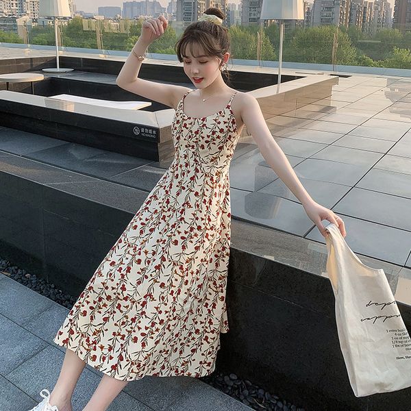 

new style suspending floral summer line dressed korean fashion faerie length medium female dress tri4, Black;gray