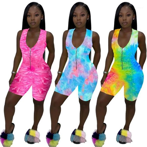 

women's jumpsuits & rompers bright colorful printing sleeveless skinny women summer 2021 zipper v neck tight sports playsuits nightclub, Black;white