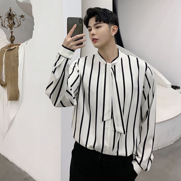 

2021 New Spring Designer Stripe Black White Loose Show Fine Long-sleeved From Decorative Bow Decoration Shirt of Popular 2WAU