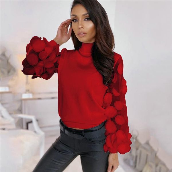 

women spring shirt loose puff long sleeve mesh red femme turtleneck casual elegant office ladies pullover and womens blouses, White