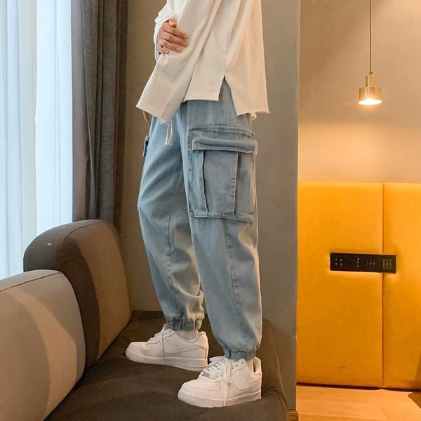 

autumn and winter thickened tooling jeans men's versatile loose size leggings wide leg casual pants, Black