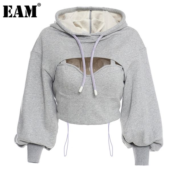 

[eam] loose fit gray hollow out drawstring sweatshirt new hooded long sleeve women big size fashion spring autumn 1dd0023 201209, Black