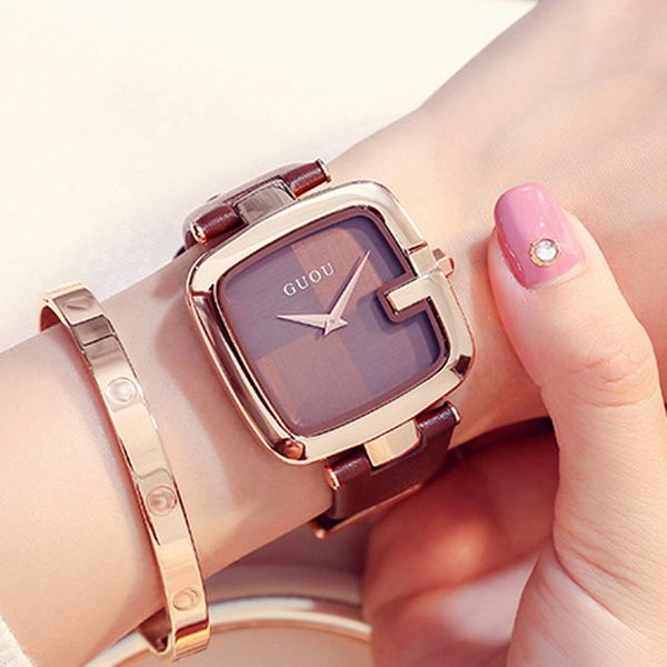 

guou women's watches square fashion zegarek damski luxury ladies bracelet watches for women leather strap clock saati 201119, Slivery;brown