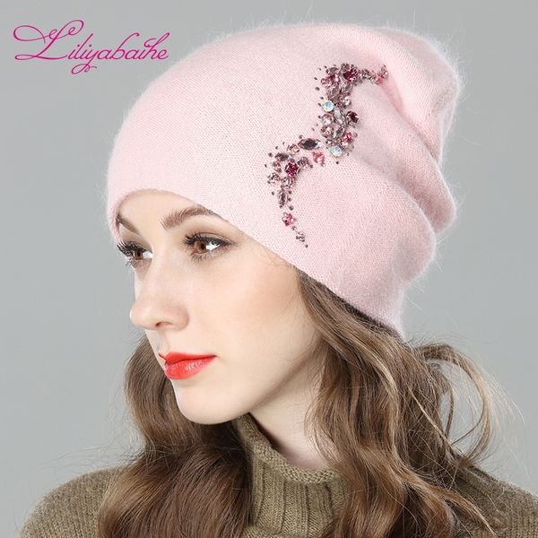 

liliyabaihe women autumn and winter hat angora knitted skullies beanies cap beard diamond decoration hats for girls y200103, Blue;gray