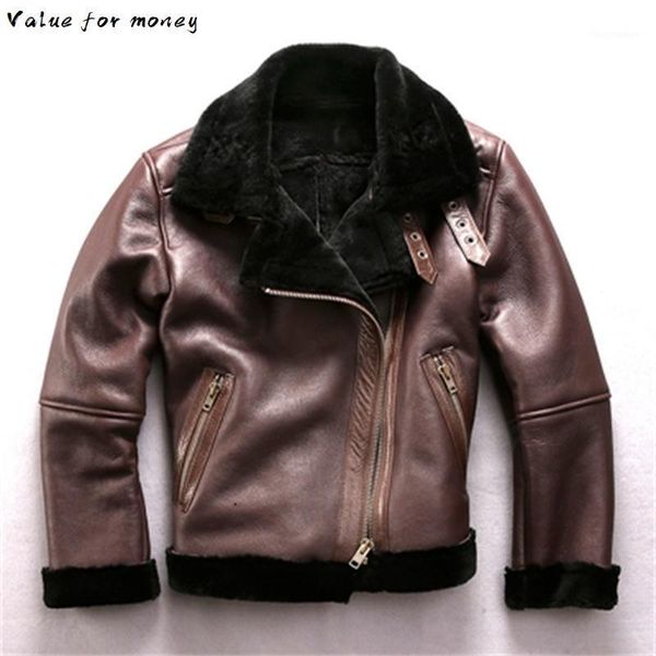 

super avirexfly quality warm genuine sheepskin fur jackets men's winter autumn shearling bomber jacket vintage large size coats1, Black