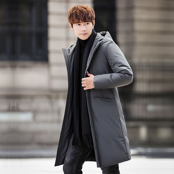 

winter jaet mid long korean slim thi hooded warm young white down men's coat, Black