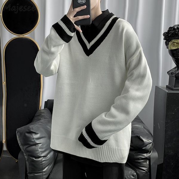 

men's sweaters men pullover simple striped preppy style v-neck couples knitted sweater male all-match causal chic retro comfortable str, White;black