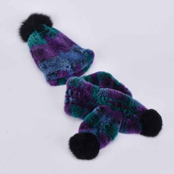 

baby genuine rex rabbit fur hat with scarf warm winter cap for kids knitted beanies hats with fur pom poms y201024, Blue;gray