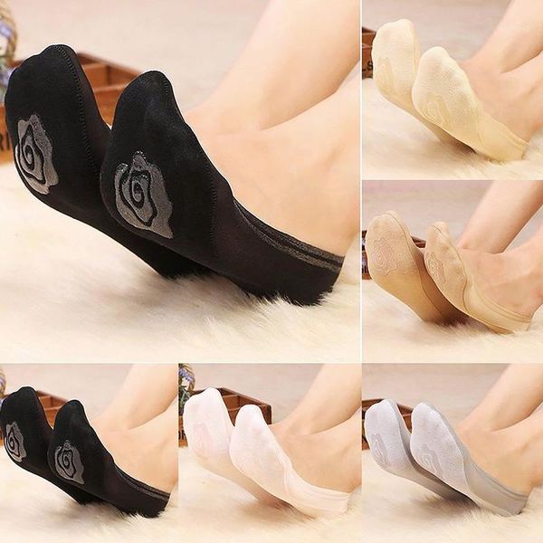 

1 pair women silicone antiskid ice silk flower boat socks invisible no show low cut socks girls breathable thin1, Black;white