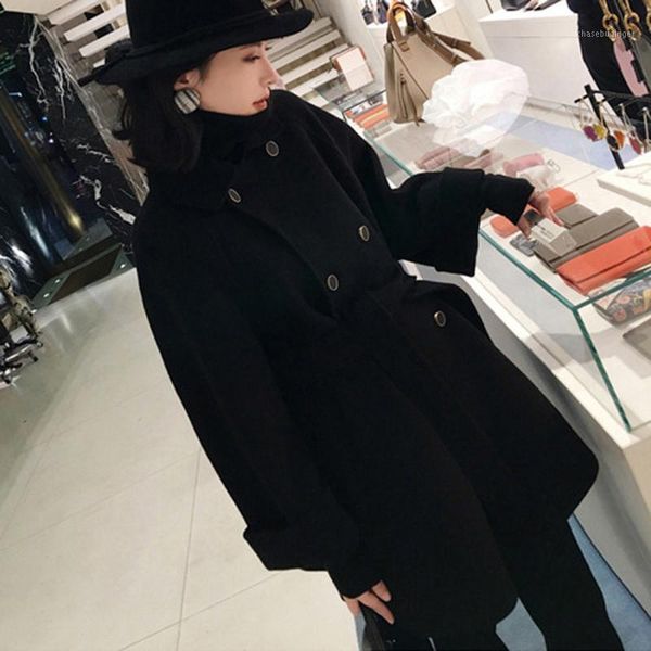 

fashion solid women wool blend coat 2020 autumn winter long sleeve turn-down collar outwear jacket casual belt woolen coat1, Black
