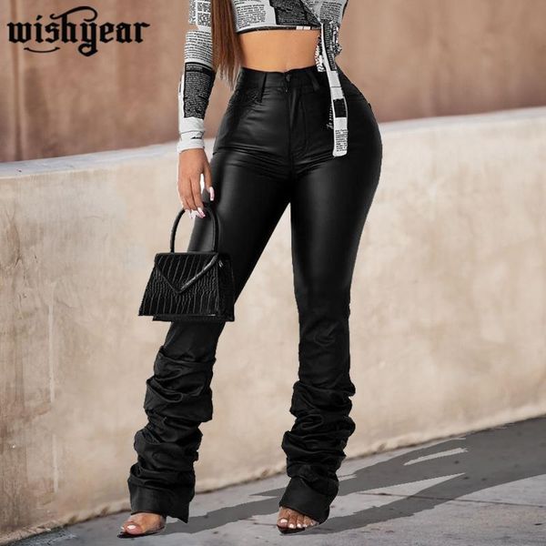 

2020 spring high waist draped hem pants pu leather fashion active wear elegant sequined long trousers, Black;white