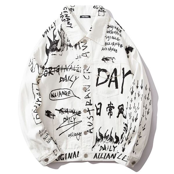 

graffiti letter white denim jacket outwear hip hop fashion 2021 classic hip hop mens printed spring jeans jacket, Black