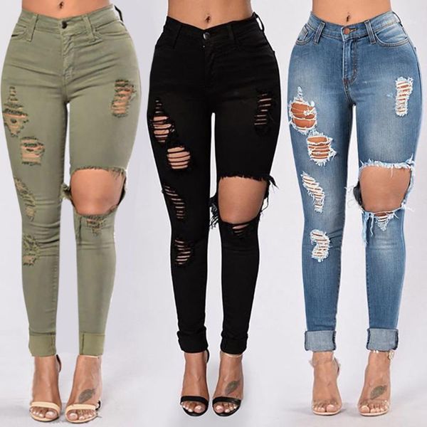 

women denim skinny trousers high waist jeans destroyed knee holes pencil pants trousers stretch ripped boyfriend female1, Blue