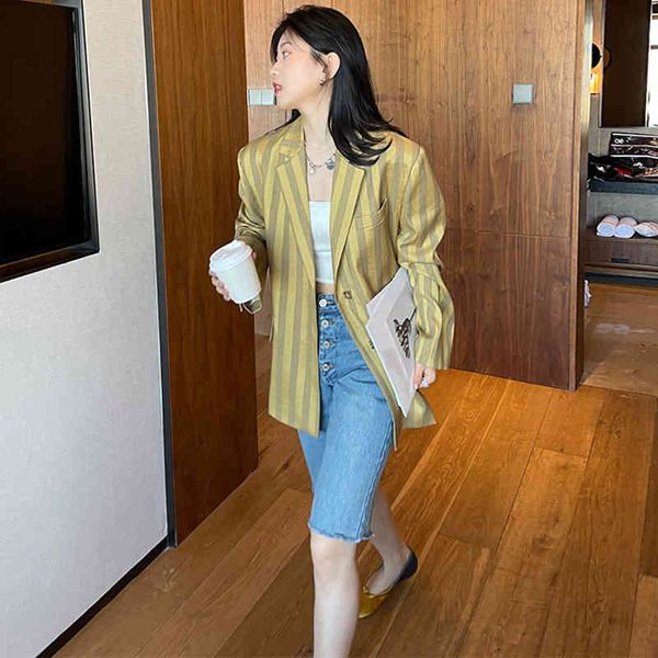 

women's suits & blazers [eam] women yellow striped big size blazer lapel long sleeve loose fit jacket fashion spring autumn 2022 1de015, White;black
