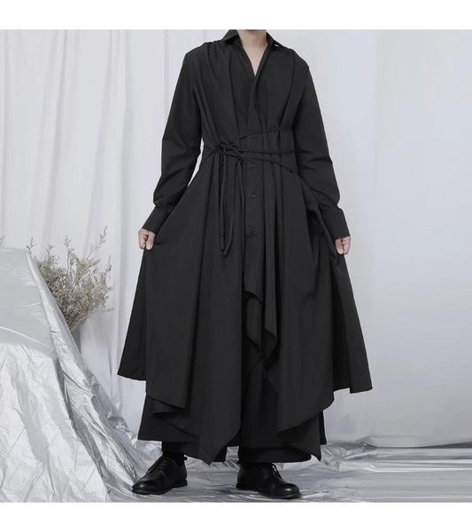 

men's trench coats shirt long-sleeved japanese yamamoto style dark niche design slim long coat, Tan;black