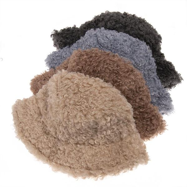 

2020 new outdoor warm lamb faux fur bucket hat black solid fluffy fishing cap panama bob fisherman gorros women winter, Blue;gray