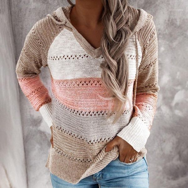 

2020 autumn v neck patchwork hooded sweater women casual long sleeve knitted sweater winter striped elegant pullover female1, White;black