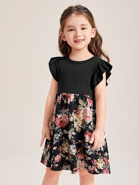 

toddler girls floral panel ruffle trim dress she, Red;yellow