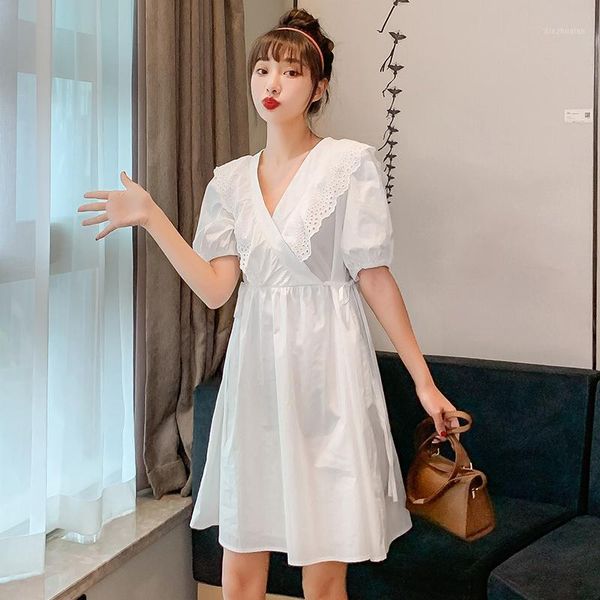 

maternity dresses summer cotton clothes white short sleeve hollow out ruffles patchwork v-neck pregnant women elegant dress sweet shirts1