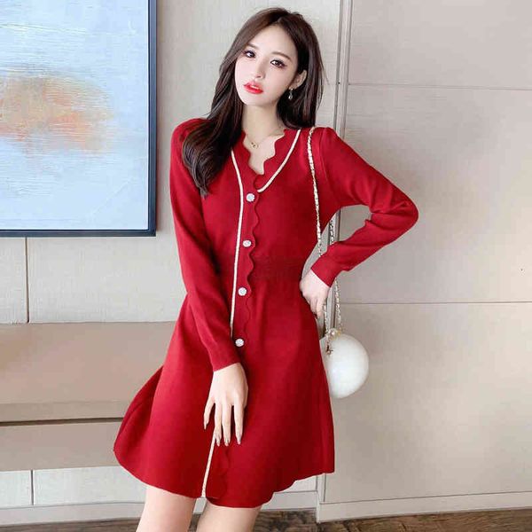 

luxury dress autumn and winter french temperament year christmas red waist a-shaped long sleeve knitted dresses bottomed skirt, Black;gray