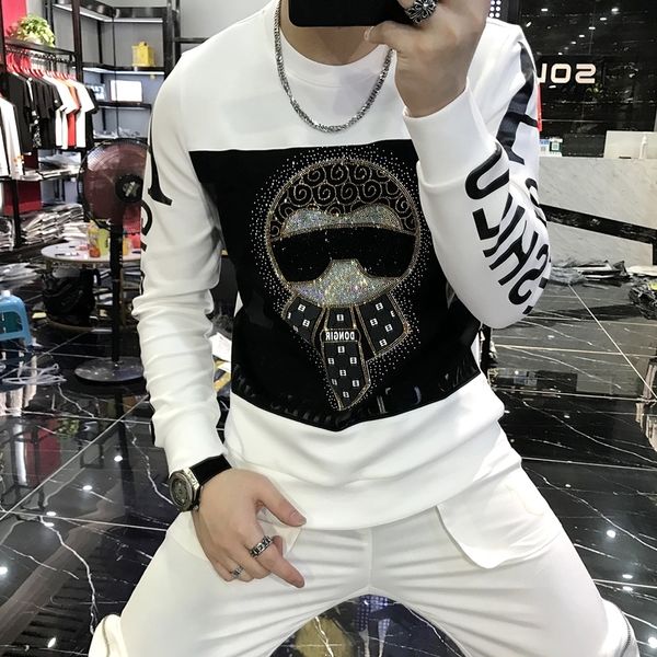 

color men's autumn new t-shirt diamond for 2020 sweater matching printing red tide brand slim sleeve long net men wbarl