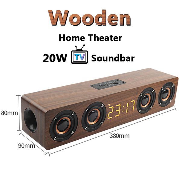 20W TV Wooden SoundBar Bluetooth Speaker Bluetooth Coluna sem fio Subwoofer multifuncional de estéreo com TF FM W8C