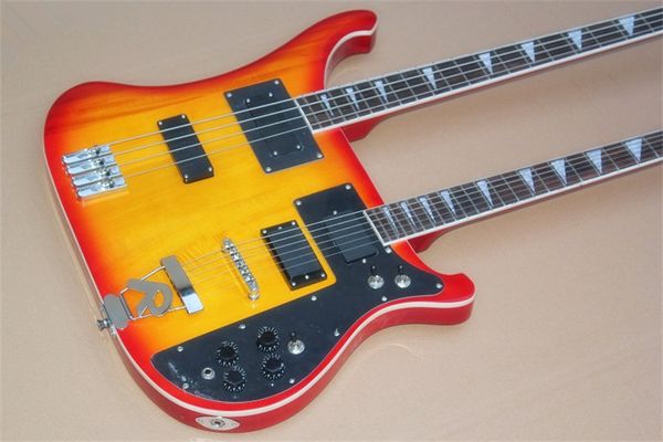 

double neck black body electric bass guitar with white pickguard,chrome hardware,provide custom service guitarra