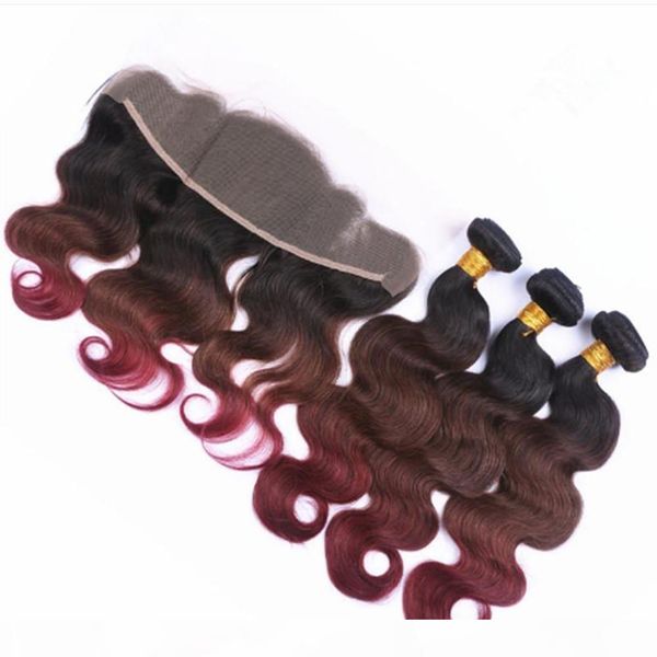 

body wave #1b 4 99j wine red ombre full lace frontal closure 13x4 with weaves three tone colored virgin brazilian human hair bundles, Black;brown