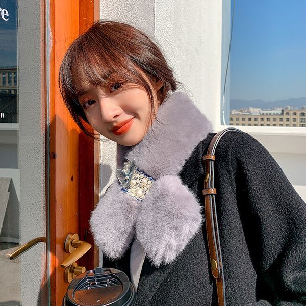 

butterfly pearl fur imitation fur imitation rex rabbit hair scarf for girl winter new cute soft sister plush fur collar warm neck klwe, Blue;gray
