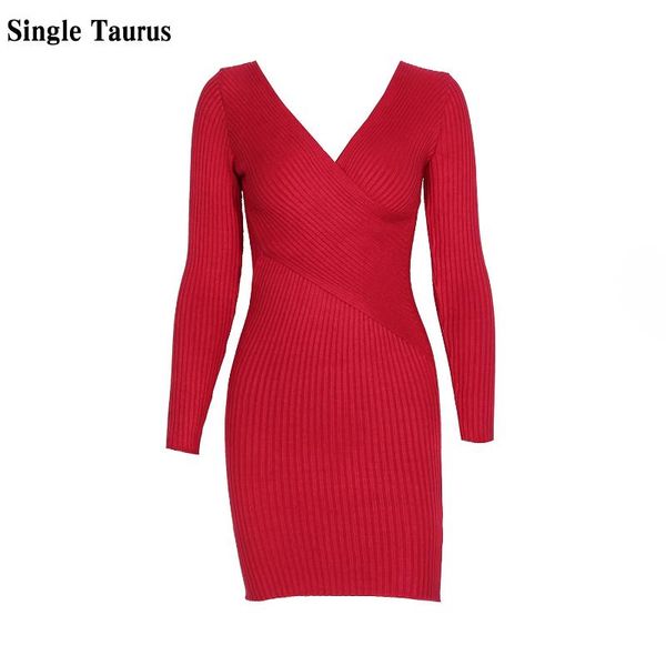 

casual dresses club bodycon dress for women 2021 fall winter red knitted sweater mini woman long sleeve veck robe femme, Black;gray