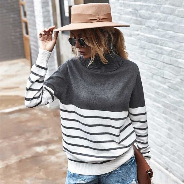 

striped turtleneck sweater women fall long sleeved kintted woman sweaters brown warm pull femme casual jersey mujer 211221, White;black