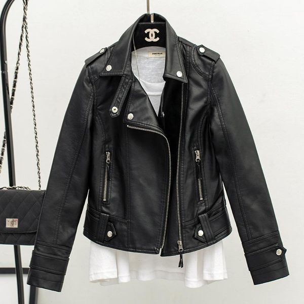

2019 new slim lapels leather jacket faux leather jackets women1, Black
