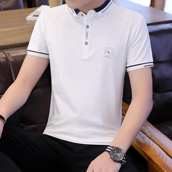 

summer polo shirt mens stylish casual solid polo shirt man short sleeve turn-over collar slim breathable business polo shirt men, White;black