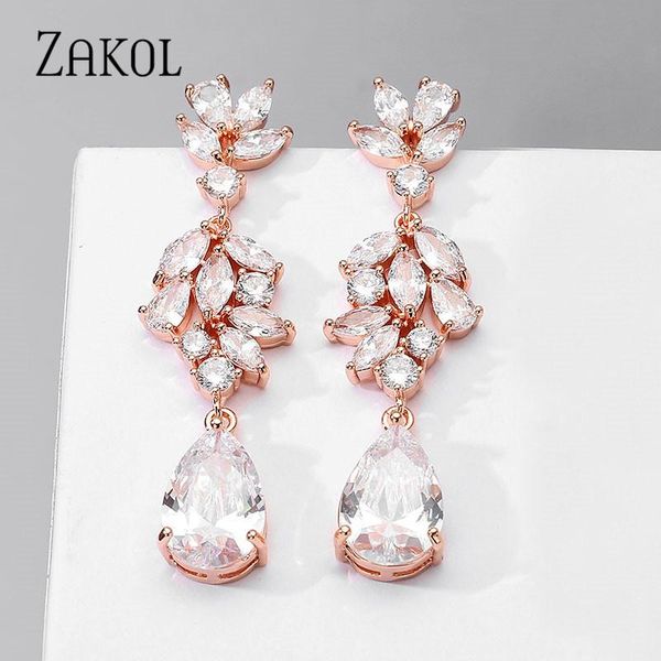 

zakol brand design leaf shape cubic zirconia dangle earrings for women bride wedding water drop pendant jewelry fsep5116, Silver