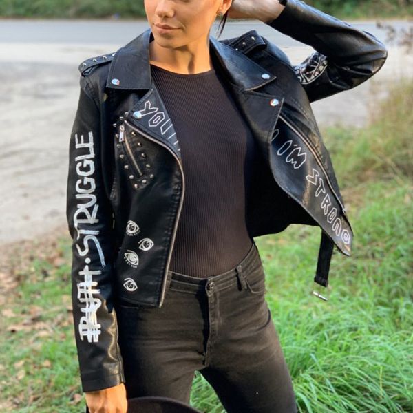 

2021 new autumn women faux soft leather jackets coats lady black rivet epaulet 3d print streetwear w08f